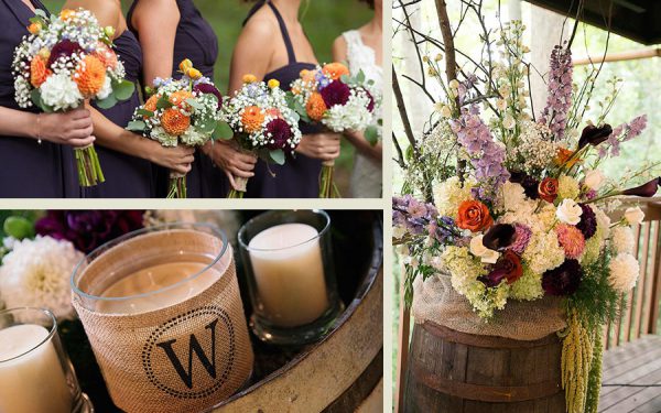 Rustic Wedding Decorations; Candles, Flowers, Barrels, Burlap